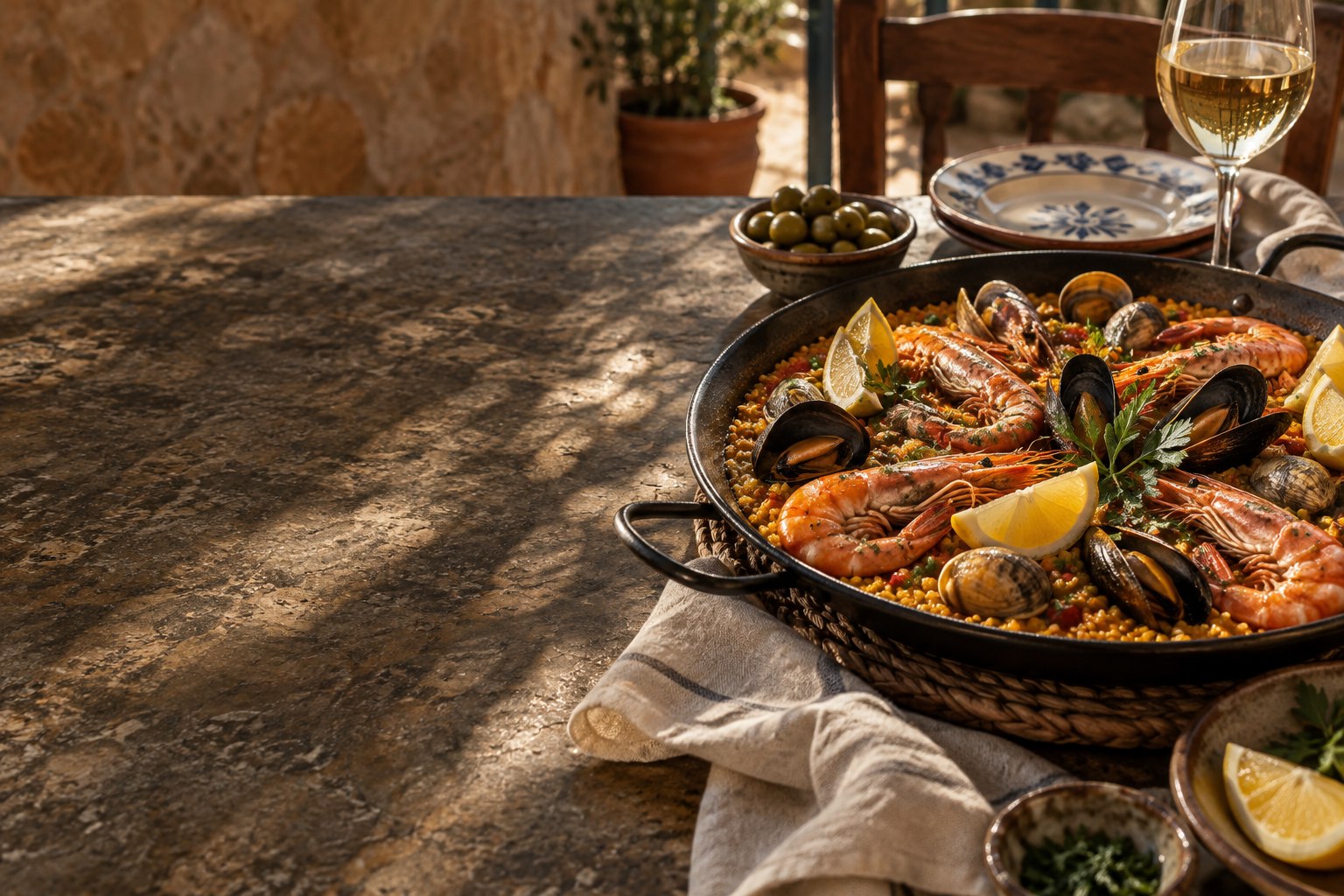 Paella mediterránea recién hecha con marisco y verduras